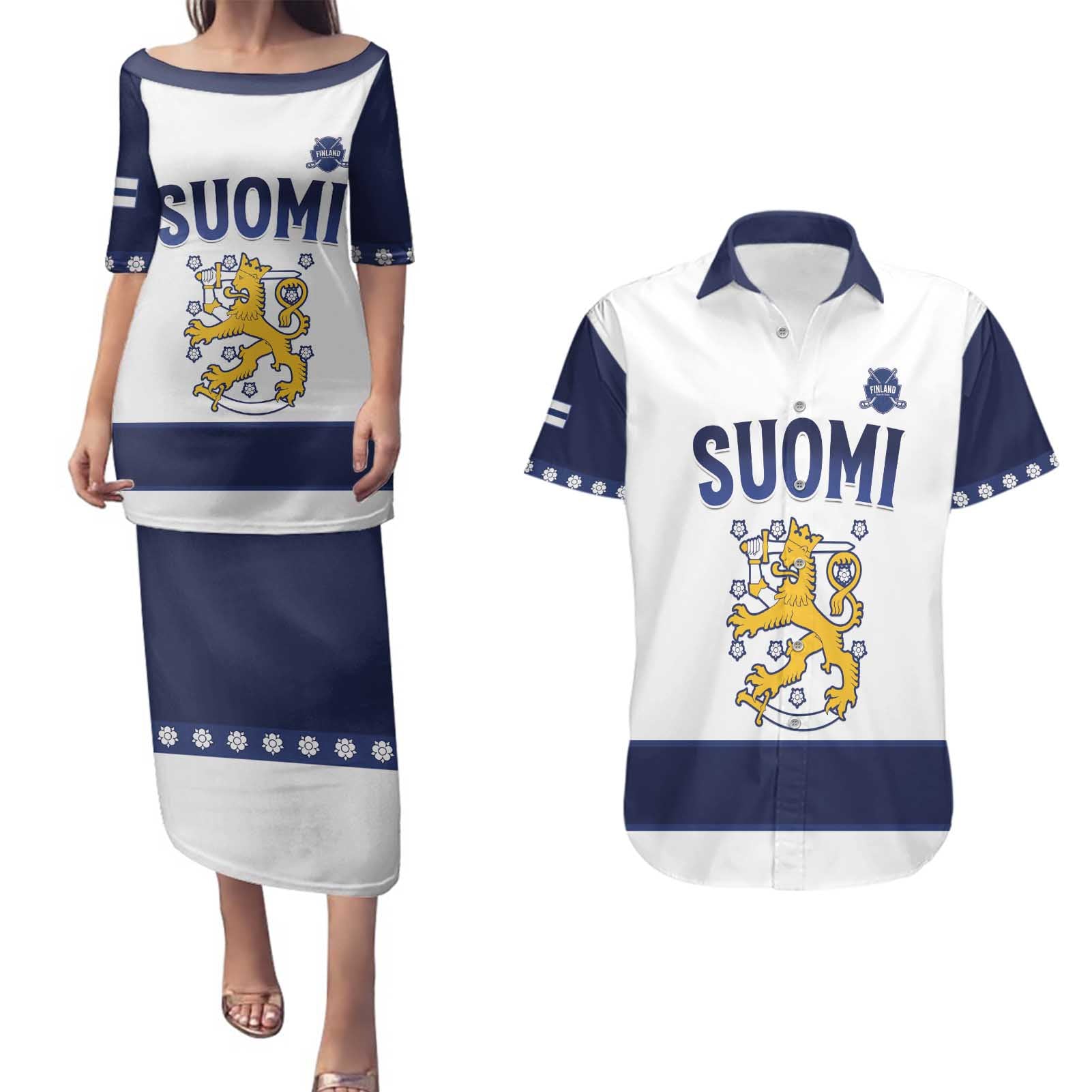 Custom Finland Ice Hockey Couples Matching Puletasi and Hawaiian Shirt Go Suomi Go