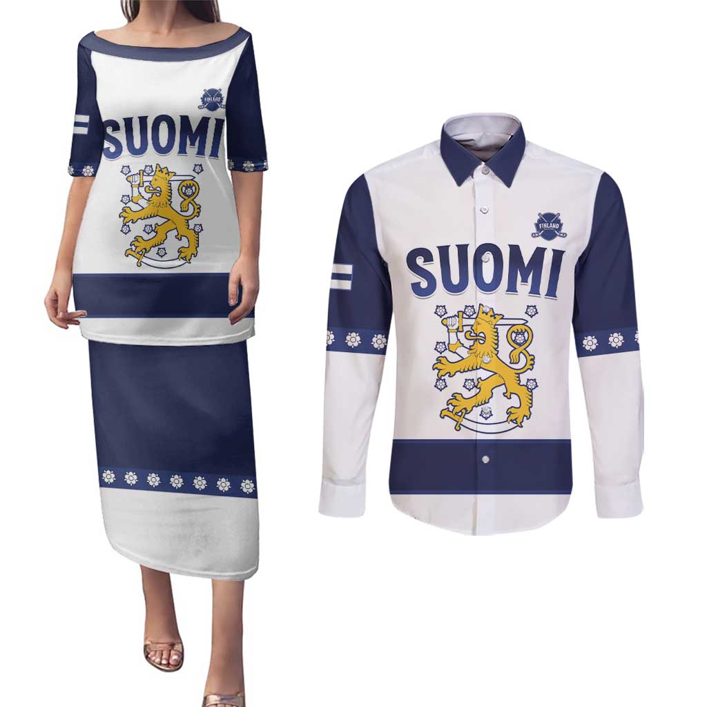 Custom Finland Ice Hockey Couples Matching Puletasi and Long Sleeve Button Shirt Go Suomi Go