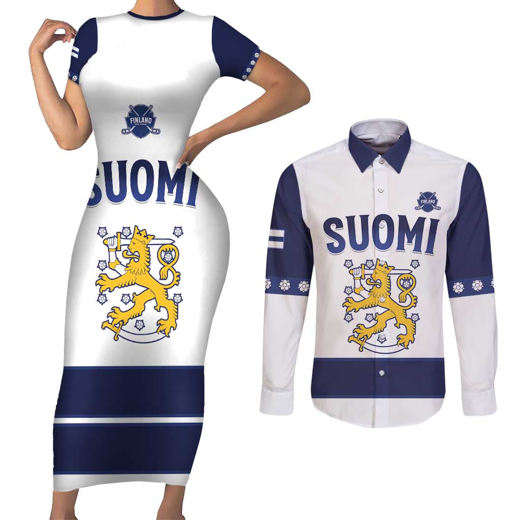 Custom Finland Ice Hockey Couples Matching Short Sleeve Bodycon Dress and Long Sleeve Button Shirt Go Suomi Go