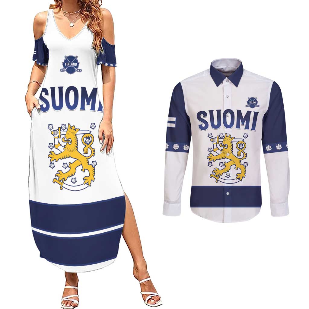 Custom Finland Ice Hockey Couples Matching Summer Maxi Dress and Long Sleeve Button Shirt Go Suomi Go