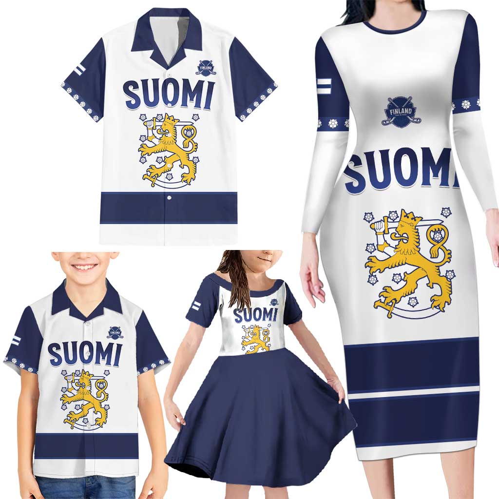 Custom Finland Ice Hockey Family Matching Long Sleeve Bodycon Dress and Hawaiian Shirt Go Suomi Go