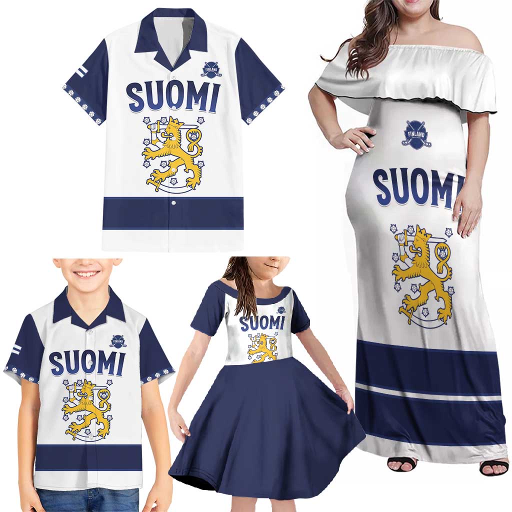 Custom Finland Ice Hockey Family Matching Off Shoulder Maxi Dress and Hawaiian Shirt Go Suomi Go