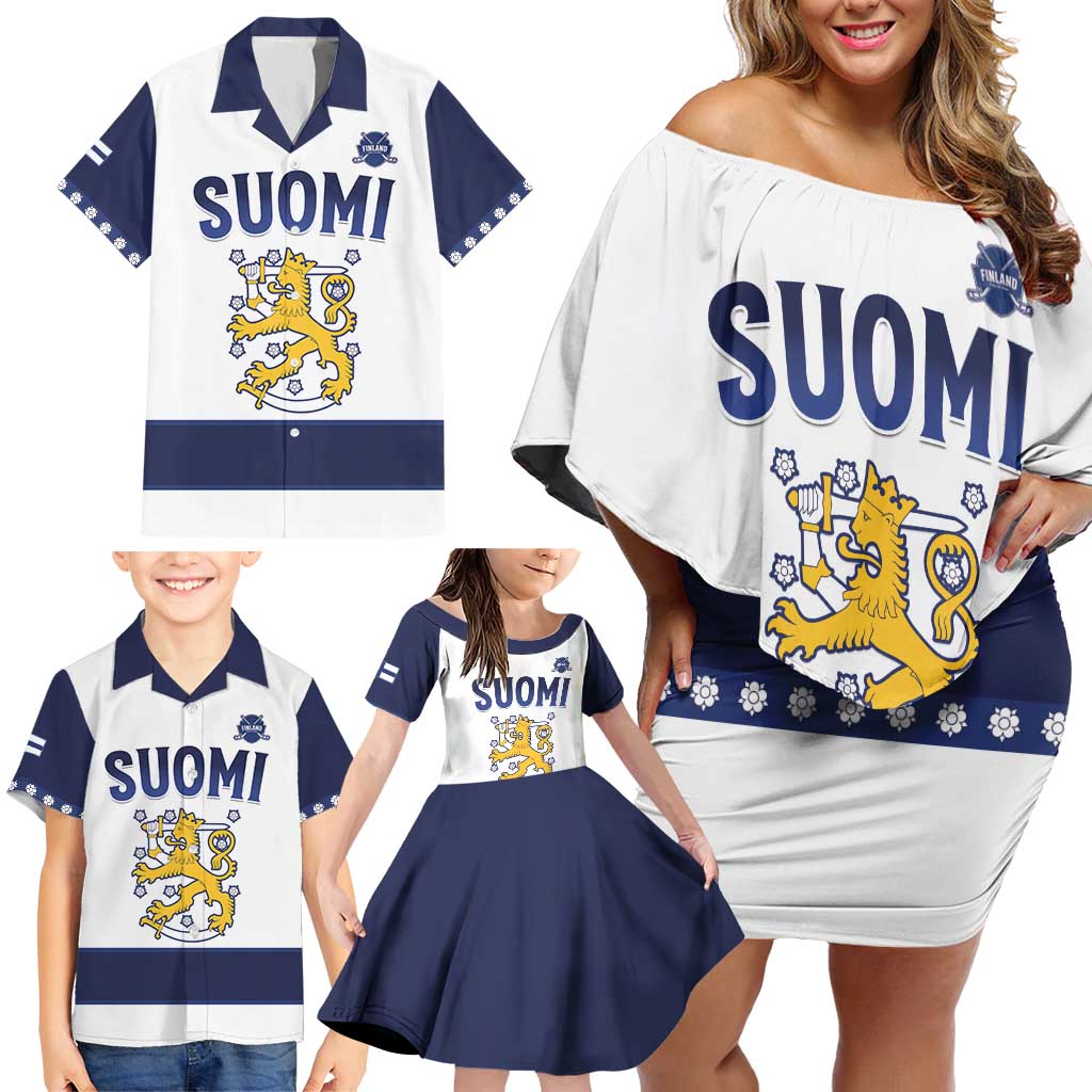 Custom Finland Ice Hockey Family Matching Off Shoulder Short Dress and Hawaiian Shirt Go Suomi Go