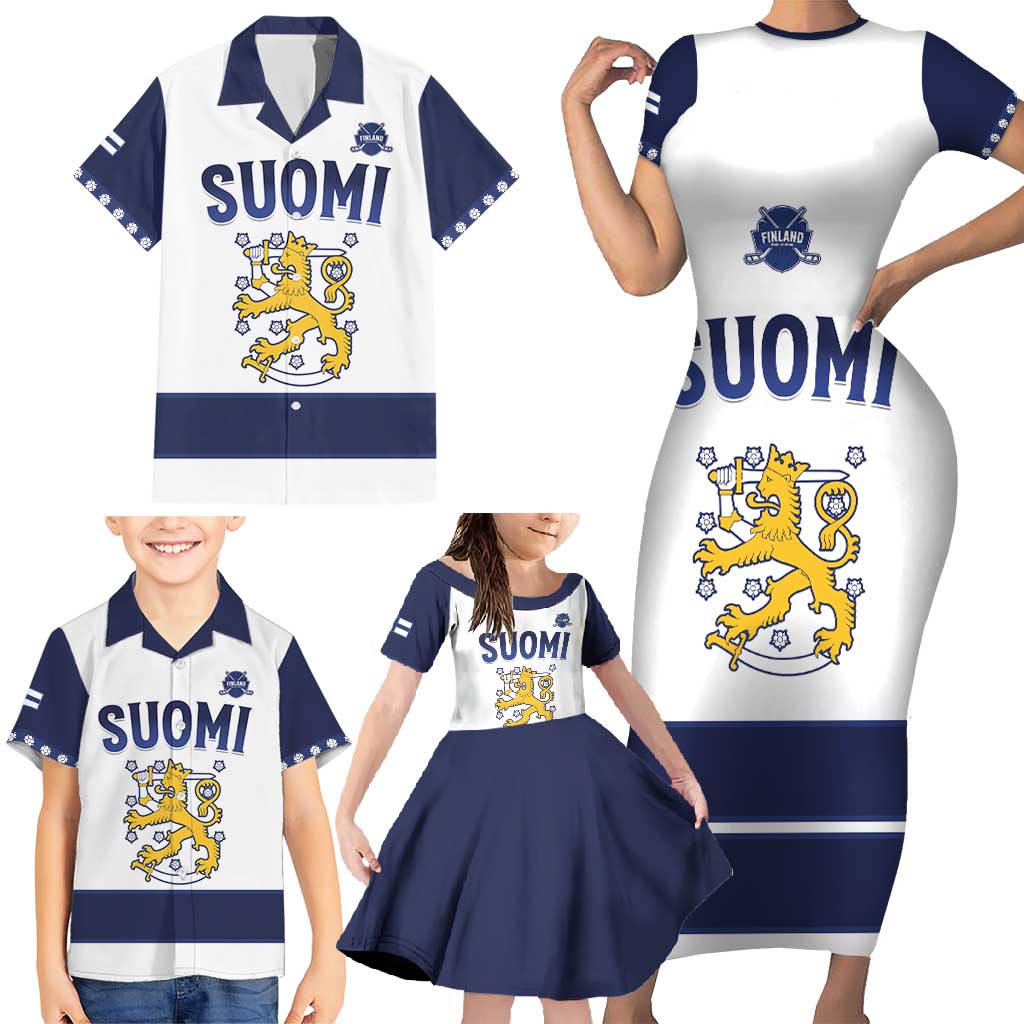 Custom Finland Ice Hockey Family Matching Short Sleeve Bodycon Dress and Hawaiian Shirt Go Suomi Go