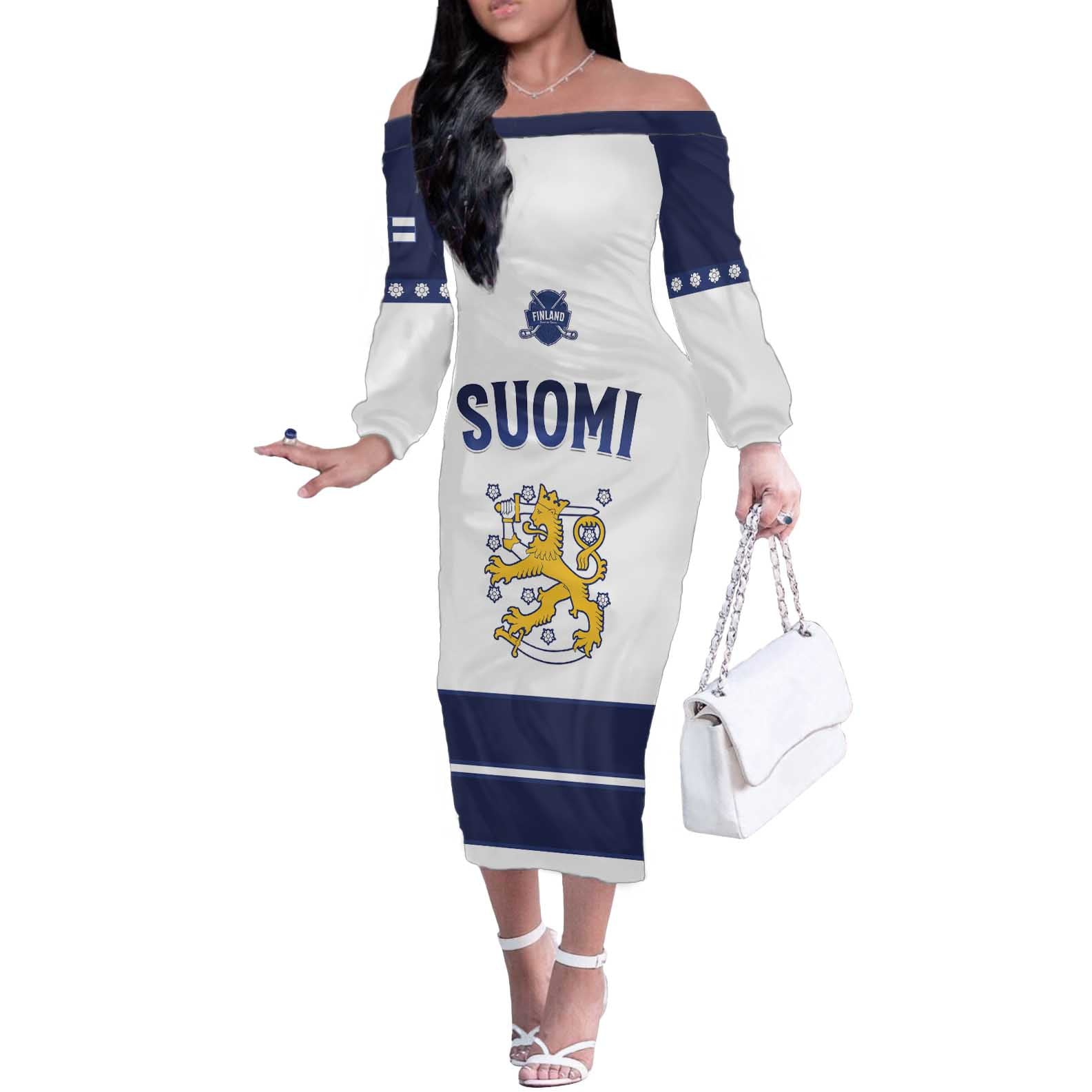 Custom Finland Ice Hockey Off The Shoulder Long Sleeve Dress Go Suomi Go