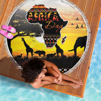 Round Africa Day beach blanket with fringed edge and African map safari graphic