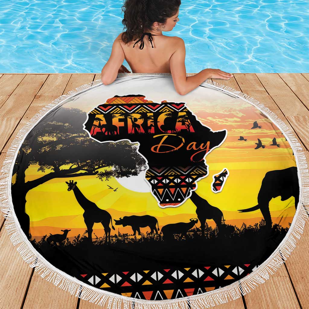 Round Africa Day beach blanket with fringed border, African map and animal silhouettes