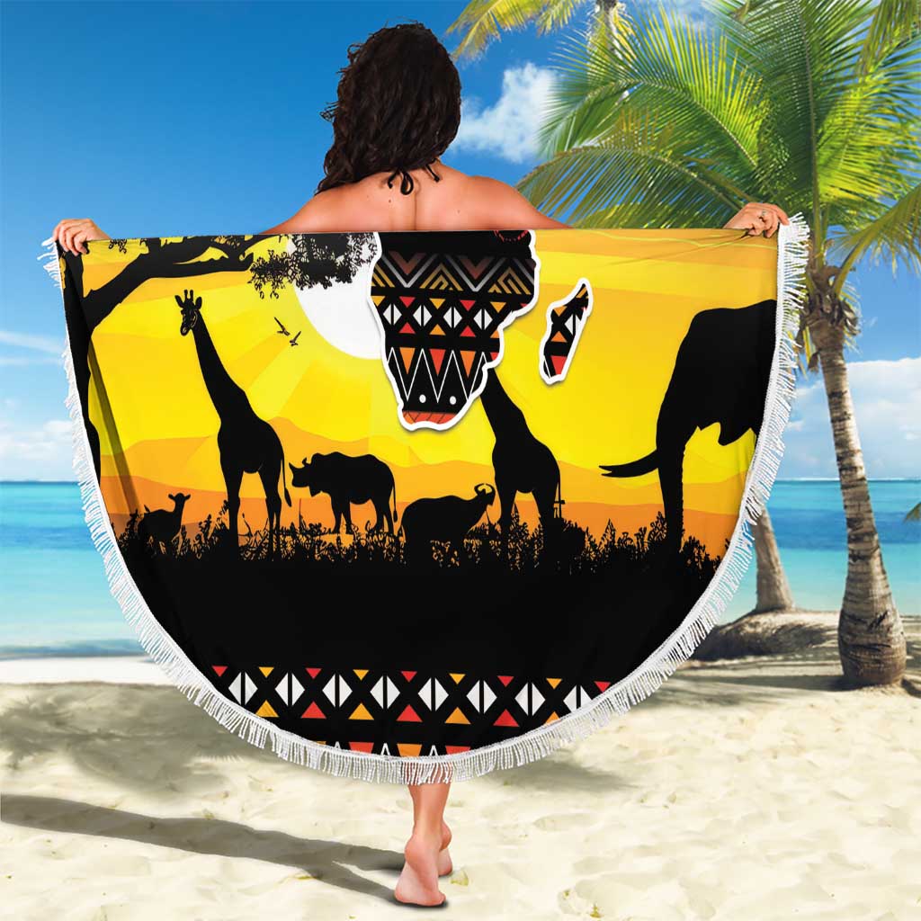 Round Africa Day beach blanket with fringed edge, African map and safari animals design