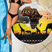 Round Africa Day beach blanket with fringed border, African map and safari animal print
