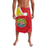 Red personalized lavalava skirt with printed coat of arms and map panel at hem