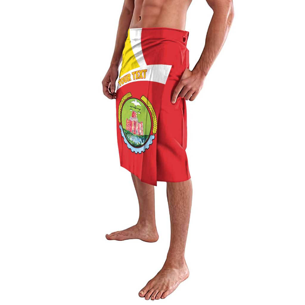 Red personalized lavalava skirt with coat of arms crest and white stripe panel