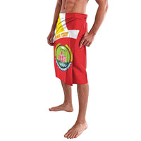 Red personalized lavalava skirt with coat of arms crest and white stripe panel