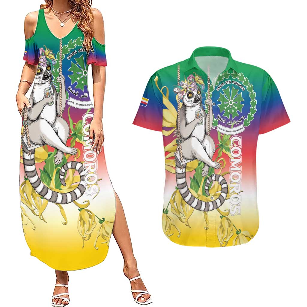 Comoros Mongoose Lemur Couples Matching Summer Maxi Dress and Hawaiian Shirt Coat Of Arms With Ylang Ylang
