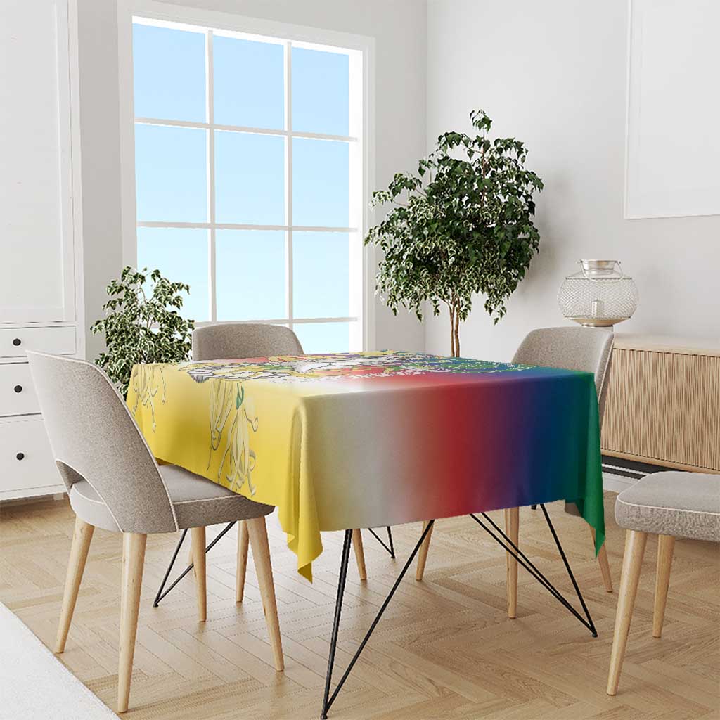 Tablecloth with yellow-to-red-blue gradient and lemur and shield graphic