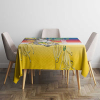 Yellow tablecloth with lemur illustration and multicolor gradient stripe