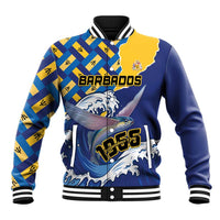 Unisex baseball jacket with blue and yellow graphic map, fish, and checkered sleeves