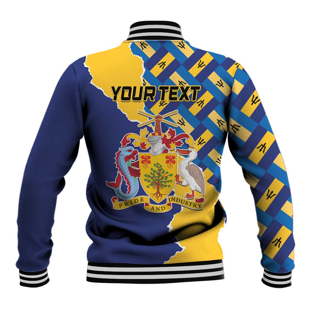 Back of unisex baseball jacket with crest graphic and 'Your Text' on blue-yellow design