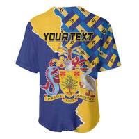 Blue and yellow baseball jersey with map, crest, 'YOUR TEXT', and flag check pattern