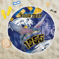 Round beach blanket with white fringe, blue-yellow fish flag graphic and 'Your Text'.