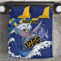 Blue and yellow bedding set with flying fish and wave flag pattern, two pillowcases