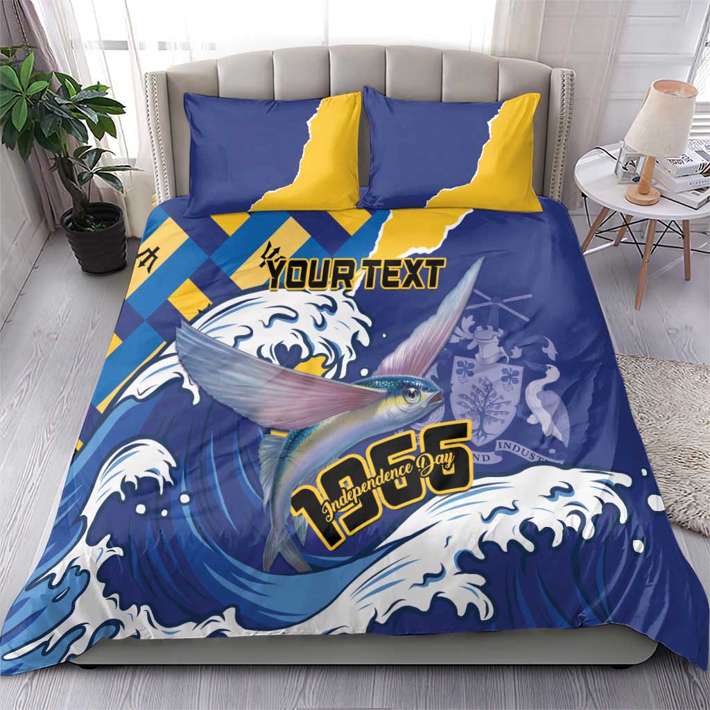 Blue and yellow duvet cover bedding set with flying fish and wave flag pattern, two pillowcases