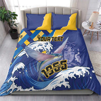 Blue and yellow duvet cover bedding set with flying fish and wave flag pattern, two pillowcases