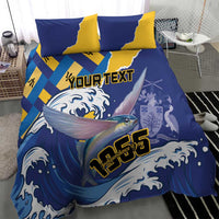 Blue and yellow bedding set with flying fish and wave flag pattern, two pillowcases on bed