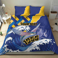 Blue and yellow duvet cover bedding set with flying fish and wave flag pattern, two pillowcases