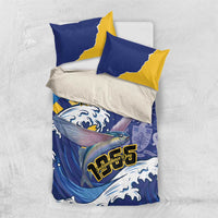 Blue and yellow bedding set with flying fish and wave flag pattern, duvet and two pillowcases
