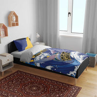 Blue and yellow bedding set with flying fish and wave flag pattern, duvet with two pillowcases