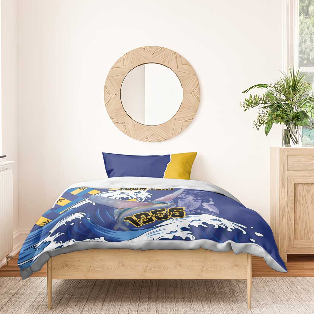 Blue and yellow bedding set with flying fish and wave flag pattern, duvet and pillowcase set