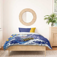 Blue and yellow bedding set with flying fish and wave flag pattern, duvet and pillowcase set