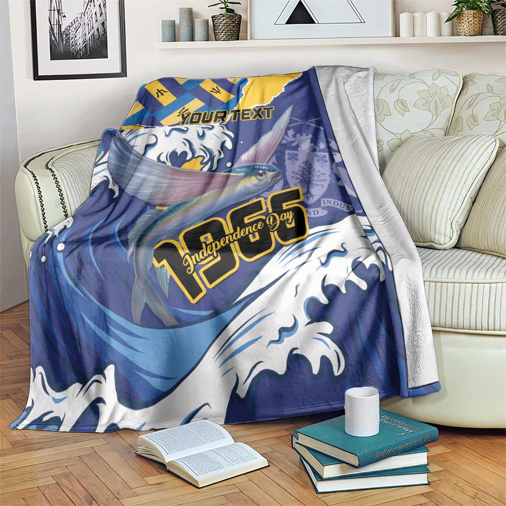 Personalized Independence Day blanket draped on chair, blue and yellow flag with flying fish