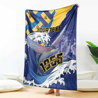 Personalized Independence Day blanket with flying fish and blue-yellow flag, includes YOURTEXT