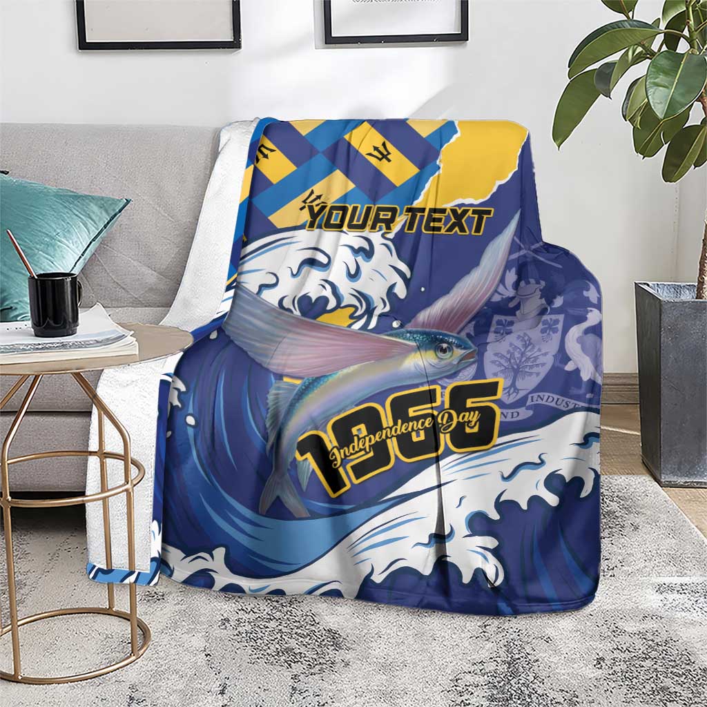 Personalized Independence Day blanket on couch, blue-yellow flag design with YOURTEXT over fish