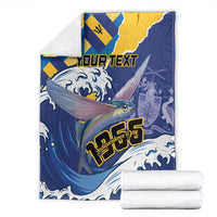 Personalized Independence Day blanket folded, blue and yellow flag pattern with flying fish graphic