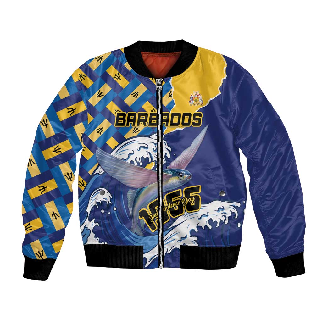 Unisex bomber jacket in dark blue and yellow with Barbados text, flying fish, and zip front