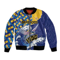 Unisex bomber jacket in dark blue and yellow with Barbados text, flying fish, and zip front
