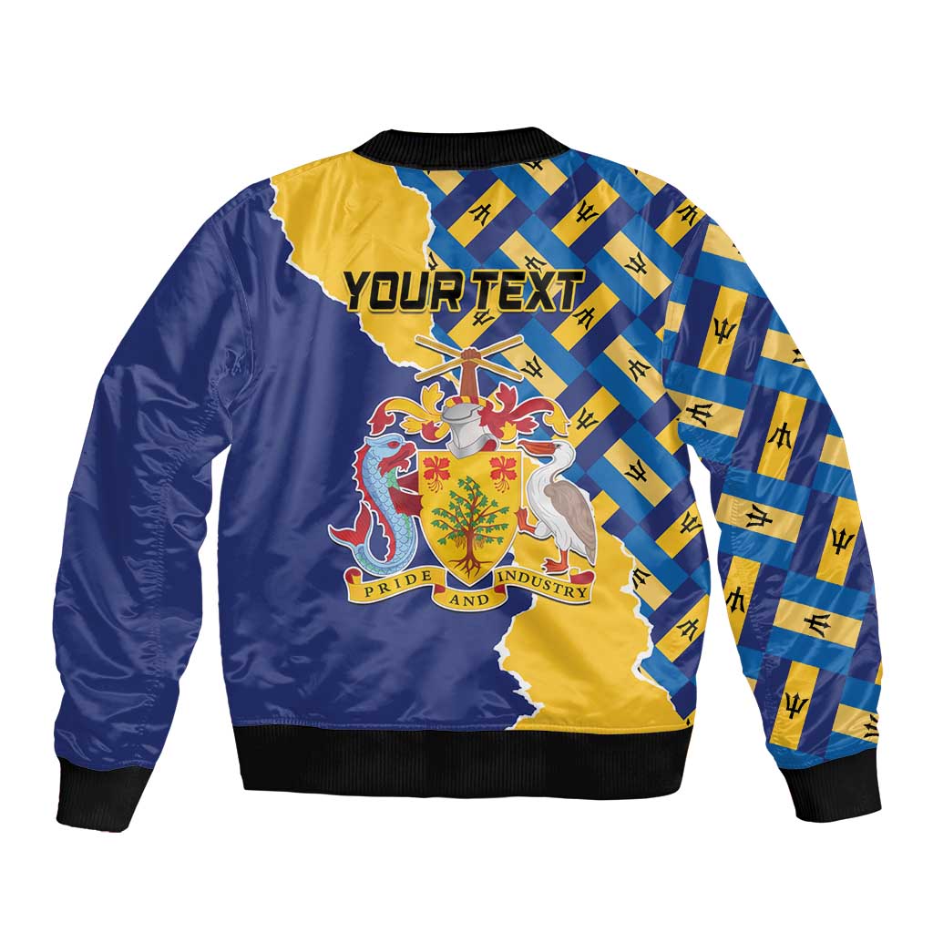 Unisex bomber jacket, dark blue and yellow with flag and flying fish graphic, ribbed trim