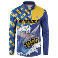 Blue and yellow button-up sweatshirt with Barbados text and flying fish graphic