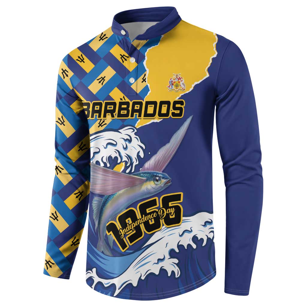 Blue and yellow button-up sweatshirt with Barbados logo and flying fish graphic