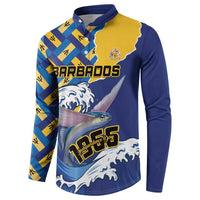 Blue and yellow button-up sweatshirt with Barbados logo and flying fish graphic