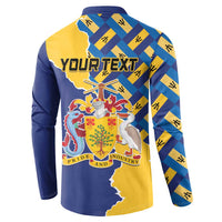 Blue and yellow button-up sweatshirt back with 'YOUR TEXT' and coat of arms
