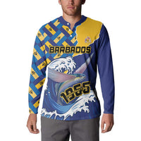Blue and yellow button-up sweatshirt with Barbados text and Independence Day emblem