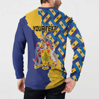 Blue and yellow button-up sweatshirt back with 'YOUR TEXT' and Pride and Industry crest