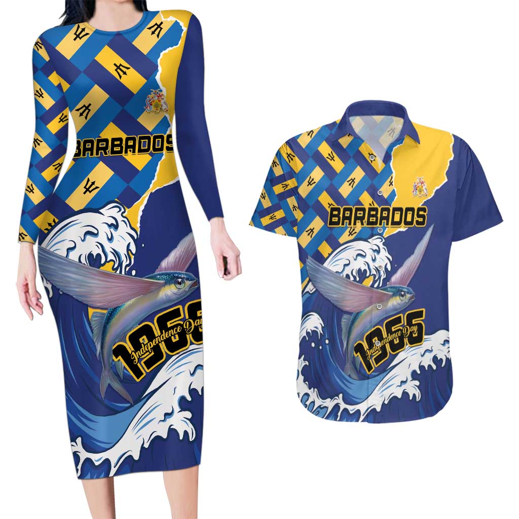 Personalised Barbados Independence Day Couples Matching Long Sleeve Bodycon Dress and Hawaiian Shirt Flying Fish Flag Pattern - Wonder Print Shop