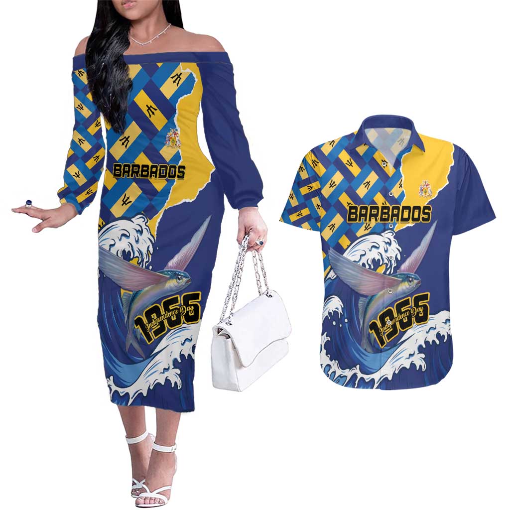 Personalised Barbados Independence Day Couples Matching Off The Shoulder Long Sleeve Dress and Hawaiian Shirt Flying Fish Flag Pattern - Wonder Print Shop