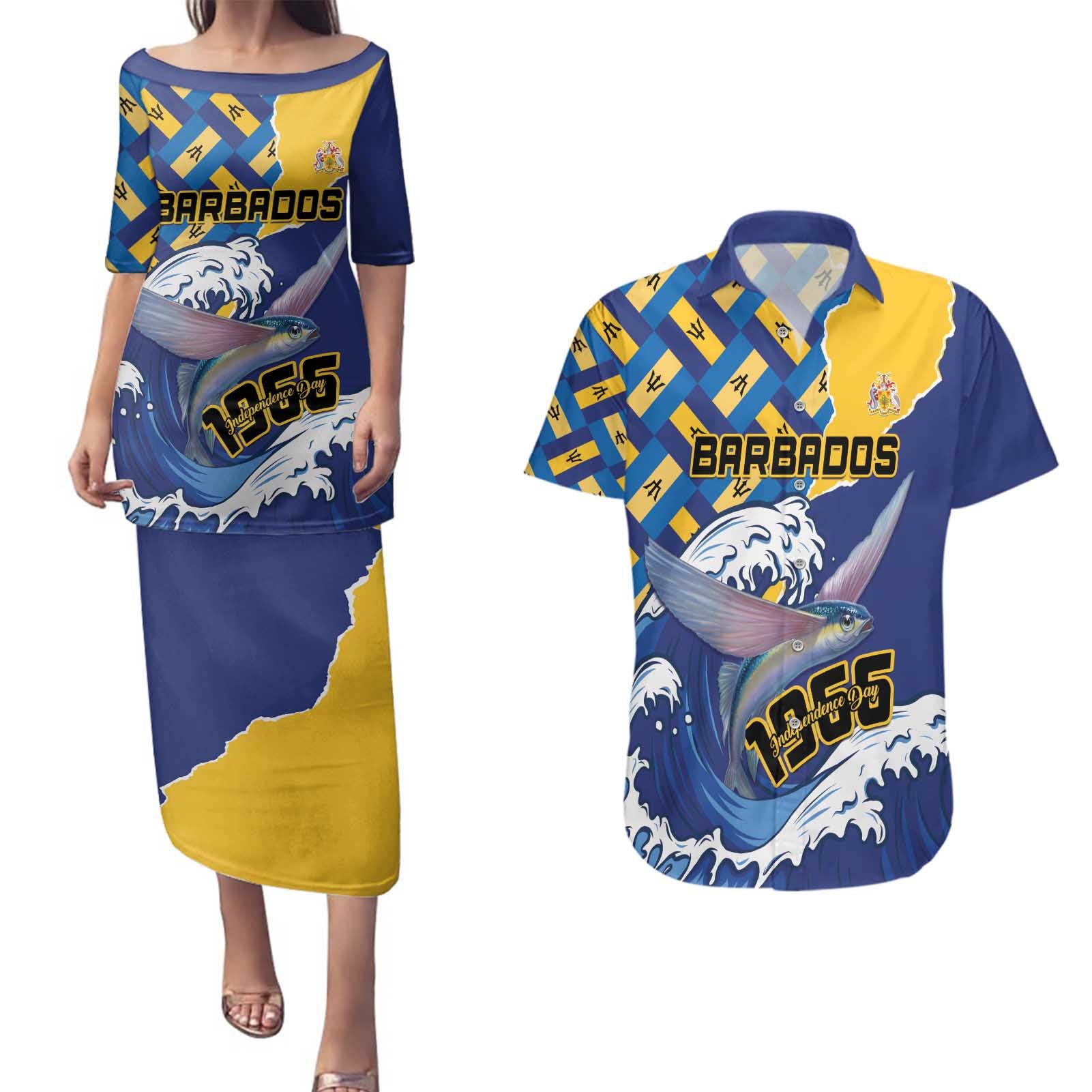 Personalised Barbados Independence Day Couples Matching Puletasi and Hawaiian Shirt Flying Fish Flag Pattern - Wonder Print Shop