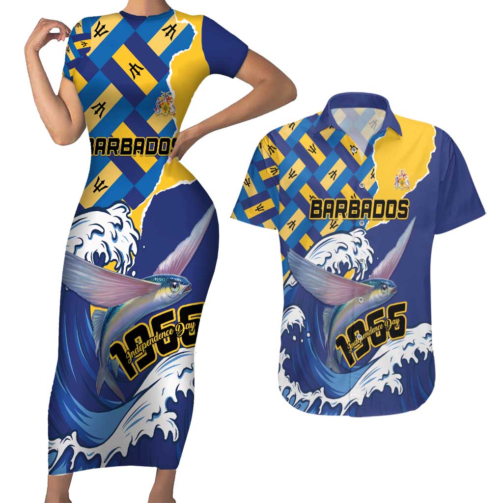 Personalised Barbados Independence Day Couples Matching Short Sleeve Bodycon Dress and Hawaiian Shirt Flying Fish Flag Pattern - Wonder Print Shop