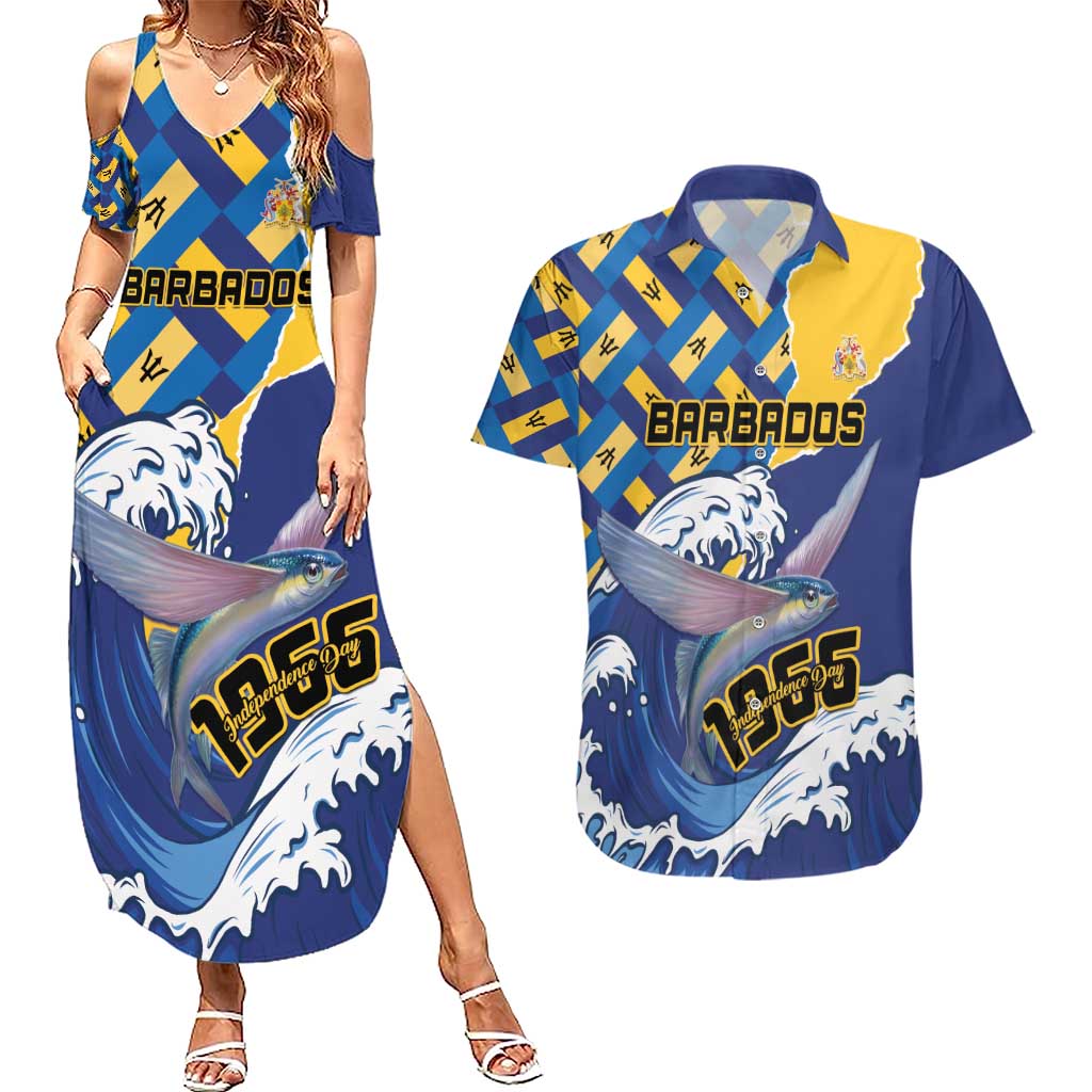 Personalised Barbados Independence Day Couples Matching Summer Maxi Dress and Hawaiian Shirt Flying Fish Flag Pattern - Wonder Print Shop